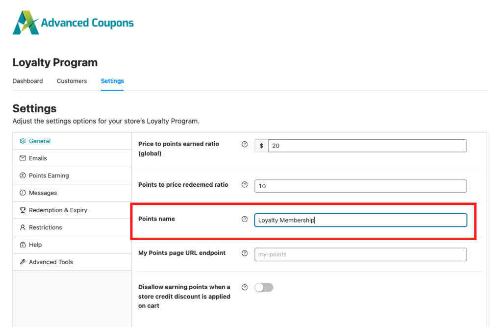 Edit the "Points Name" field 